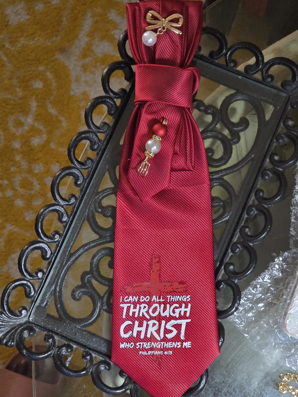 Elegant Red Bow Pendant Necklace with Pearl Accents